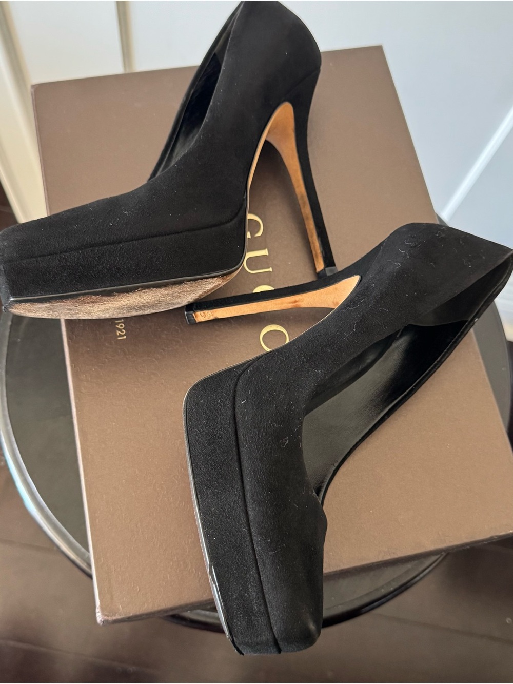 Gucci Black Suede Platform Pumps Square Toe EU37/US 6.5 Made in Italy - Picture 6 of 13